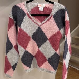 Vintage 80’s Premier Mohair Argyle V-Neck Sweater in Pinks and Grays Size M